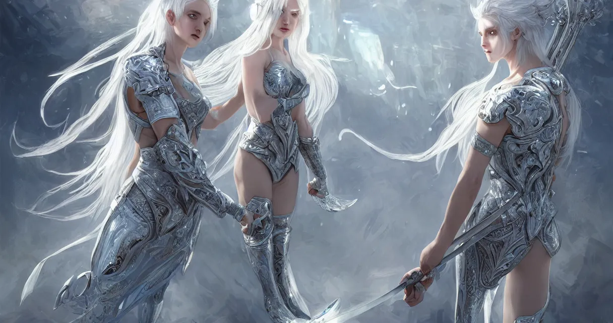 Prompt: white hair knight of zodiac girl, sliver ice color reflected armor, taekwondo dance in ruined agora of athens sunrise, ssci - fi and fantasy, intricate and very very beautiful and elegant, highly detailed, digital painting, artstation, concept art, smooth and sharp focus, illustration, art by tian zi and wlop and alphonse mucha