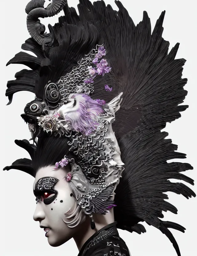 Image similar to 3 d goddess close - up profile portrait punk with mohawk in victorian style with ram skull. beautiful intricately detailed japanese crow kitsune mask and clasical japanese kimono. betta fish, jellyfish phoenix, bio luminescent, plasma, ice, water, wind, creature, artwork by tooth wu and wlop and beeple and greg rutkowski