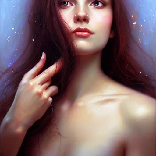 Prompt: Facial portrait of a cute shy woman, looking away from the camera, seductive smile, sparkle in eyes, lips slightly parted, long flowing hair, no hands visible, intricate, delicate, arrogant, defiant, mysterious, extremely detailed painting by Mark Brooks and by Greg Rutkowski, vibrant colors