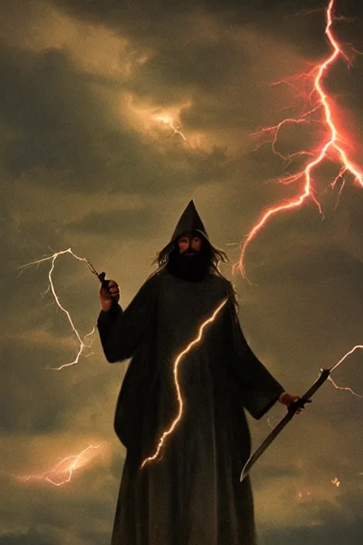 Image similar to wizard holding a sword that’s getting shocked by lightning towards the sky