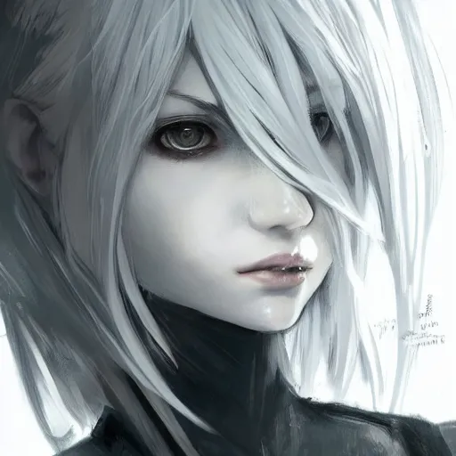 Image similar to sketch drawing of 2 b nier automata, beautiful piercing eyes, beautiful blonde hair, hyper realistic face, in the style of greg rutkowski, fantasy, amazing detail, epic, elegant, smooth, sharp focus, from the front