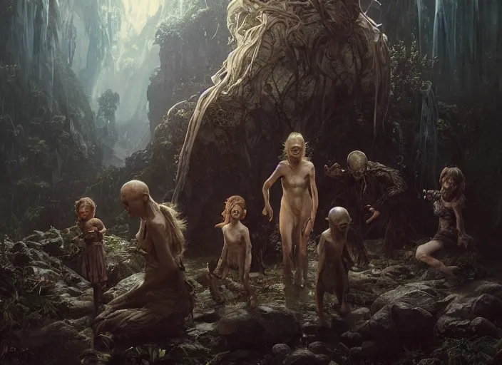 Image similar to a dramatic highly detailed render of Gollum family , Middle-earth , by WLOP and Artgerm and Greg Rutkowski and Alphonse Mucha, Beautiful dynamic dramatic dark moody lighting, shadows, cinematic atmosphere, Artstation, concept design art, Octane render, 8K, masterpiece, sharp focus, hyperrealistic