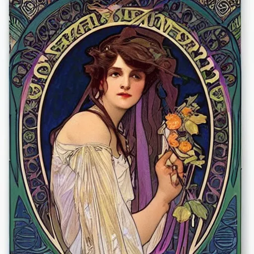 Prompt: hermione by alphonz mucha