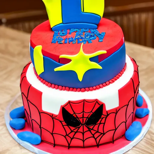 Prompt: a funny picture of a spiderman themed birthday cake, goofy face, 8 k, 4 k, delicious
