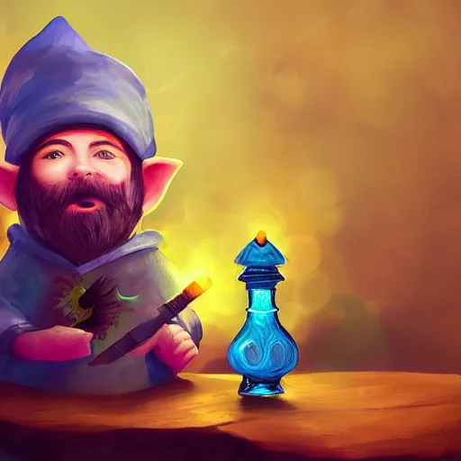 Image similar to portrait of a beautiful gnome alchemist with a bong, D&D, sharp focus, realistic, cinematic lighting, fantasy digital painting