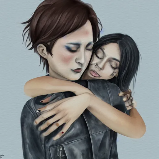 Image similar to Hot young woman, grey skin, void eyeballs, tattoos, wearing a leather jacket, hugging a shrouded person as they cry on her chest, comforting, touching, wholesome, art, watercolour, big sister, little brother, 4k concept art, digital art