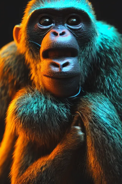 Image similar to Photography of ultra mega super hyper realistic detailed monkey in cyberpunk suit with many details by Hiromasa Ogura . Photo shot from 30m distance on ultra mega super hyper Leica Q2 Camera, Rendered in VRAY and DaVinci Resolve and MAXWELL and LUMION 3D, Volumetric cyan gold natural light