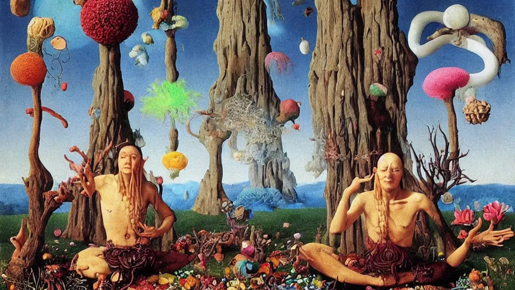 Prompt: a meditating druid shaman surrounded by a single colorful! ( lovecraftian ) humanoid fungus tower white! clear empty sky, a high contrast!! ultradetailed photorealistic painting by jan van eyck, audubon, rene magritte, agnes pelton, max ernst, walton ford, andreas achenbach, ernst haeckel, hard lighting, masterpiece