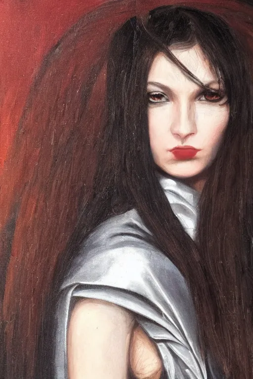 Prompt: by inci eviner oil painting, close - up portrait of european medieval brunette vampire fashion model, knight, steel gradient, in style of inci eviner,