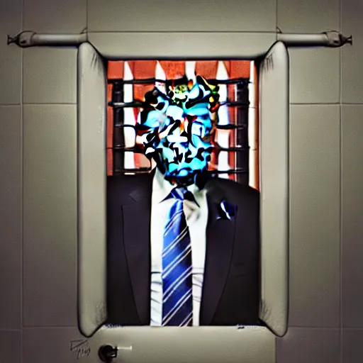 Image similar to an image of donald trump behind a jail cell, cinematic photography, detailed, winning art portrait