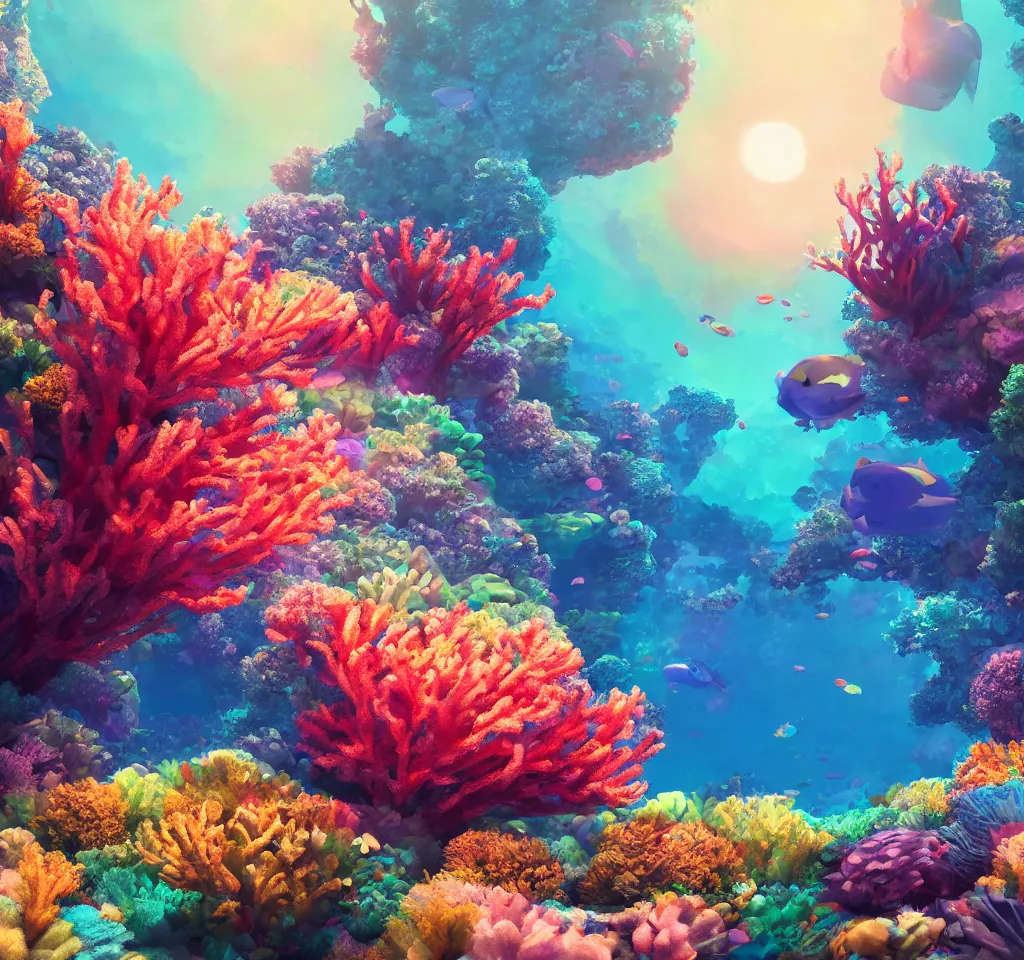 Image similar to underwater neon coral reef landscape magical realism painting with sun rays coming from above, neon pastel colors, octane render, maya, cinema 4d