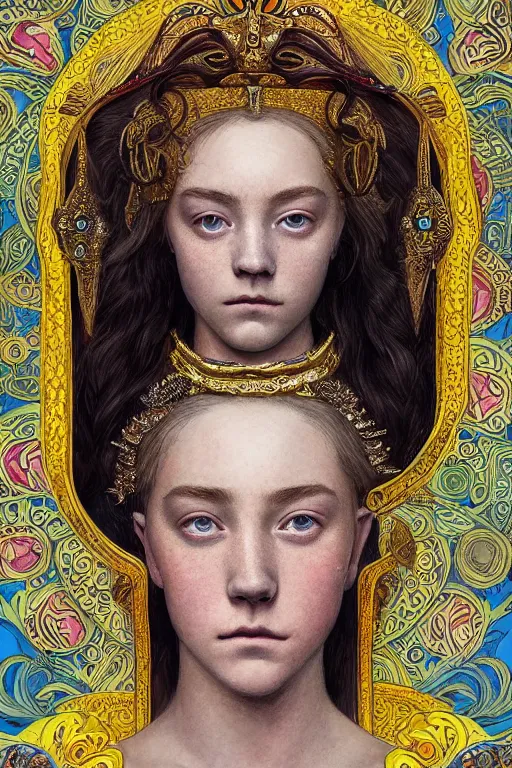 Image similar to a colorful head and torso art nouveau portrait of a 16-year old sun goddess who resembles Saoirse Ronan and Anya Taylor Joy with a worried, intense gaze and slightly opened mouth, ornate intricate iridescent battle armor, intricate, elegant, highly detailed, digital painting, artstation, concept art, smooth, sharp focus, illustration, art by John William Waterhouse and Bouguereau and Donato Giancola and alphonse mucha