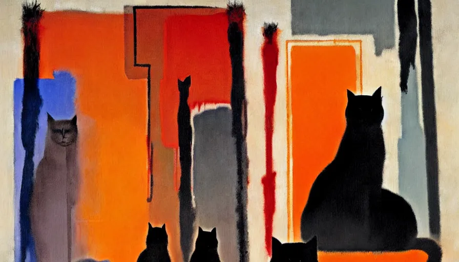 Prompt: contemporary semi abstract acrylic painting of really tall cats by rothko, by greg rutkowski, kessler art, thick brush strokes and visible paint layers, multicolor color scheme