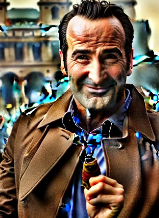 Prompt: photorealistic photography of jean dujardin posing as a charismatic smiling thief!, with a light brown trench coat and a cigarette, in dresden files movie, super detailed, hd