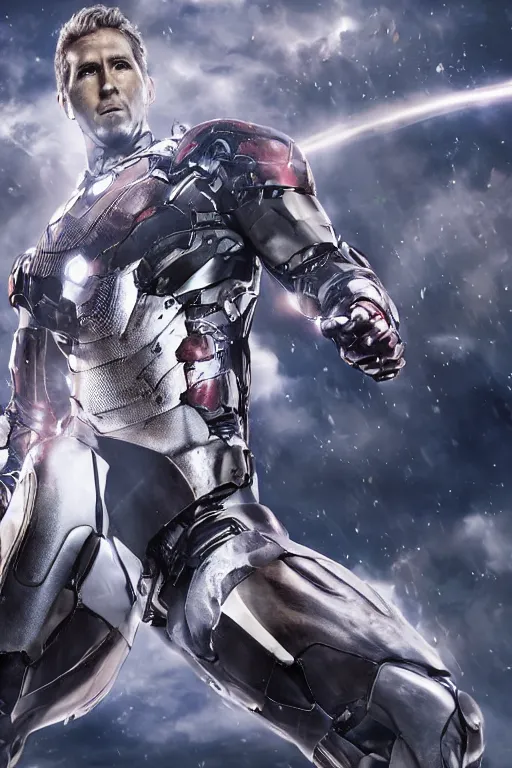 Image similar to ryan reynolds in a silver and black nano technology iron man suit, cinematic, volumetric lighting, f 8 aperture, cinematic eastman 5 3 8 4 film, photorealistic