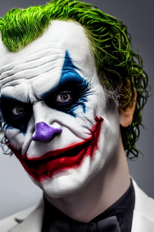 Image similar to a profile shot of the joker doing the kubrick stare looking directly at the camera, 8k, hyperrealism, cinematic lighting