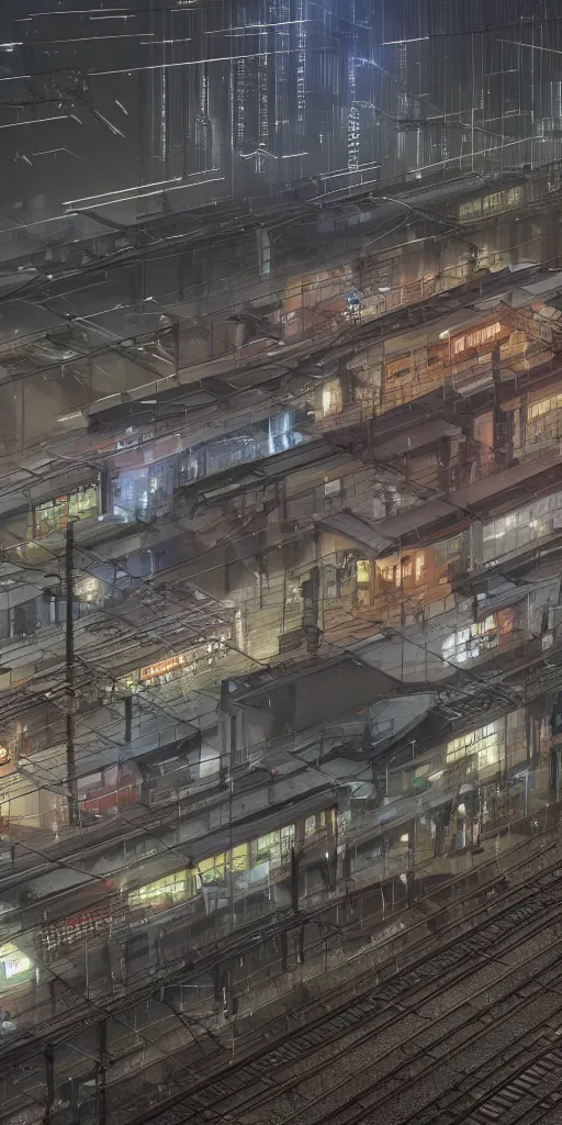 Image similar to !Train station!, equirectangular projection grid of a futuristic bladerunner, trains, cyberpunk, train station in the rain at night, volumetric lighting, 4K, Spherical, Panorama, RealityEngine, PhotoRender, hyperdetailed, cinematic