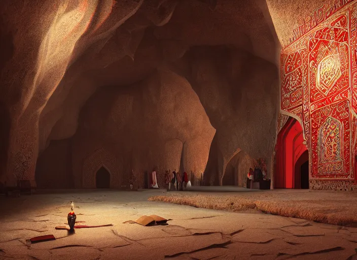 Image similar to a mosque inside a cave, red iranian rug, holy by caspar david friedrich by james gilleard and justin gerard, artstation, smooth, sharp focus, by jean baptiste, octane render