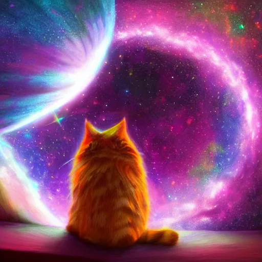 Image similar to cat looking at beautiful colorful galaxy, high detail, digital art, beautiful , concept art,fantasy art, 4k