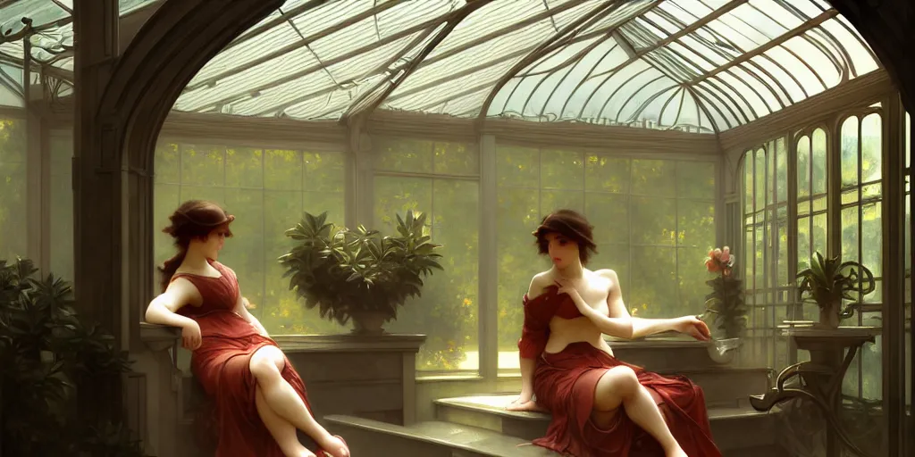 Image similar to artgerm, william - adolphe bouguereau style, long shot of bright sun of an art nouveau style conservatory, atmospheric, highly detailed, 1 9 2 0's style speakeasy, digital painting, artstation, concept art, smooth, sharp focus, illustration,