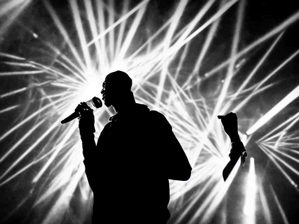 Image similar to man holding a microphone and rapping, epic pose, silhouetted, distinct figure, psychedelic hip-hop, laser light show, fog, beams of light