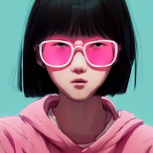 Prompt: portrait of a slightly overweight cute korean girl with a Bob cut, wearing round glasses, wearing a pastel pink hoodie, dramatic lighting, anime illustration by Greg rutkowski, yoji shinkawa, 4k, anime style digital art, concept art, detailed anime art, trending on artstation