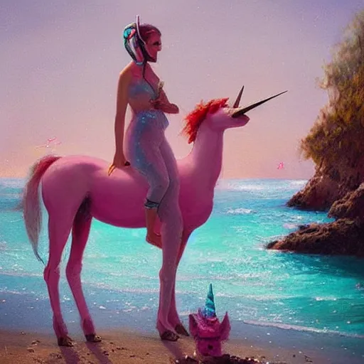 Image similar to a pink unicorn wearing headphones, at a beach party in Ibiza, Greg Rutkowski, art station