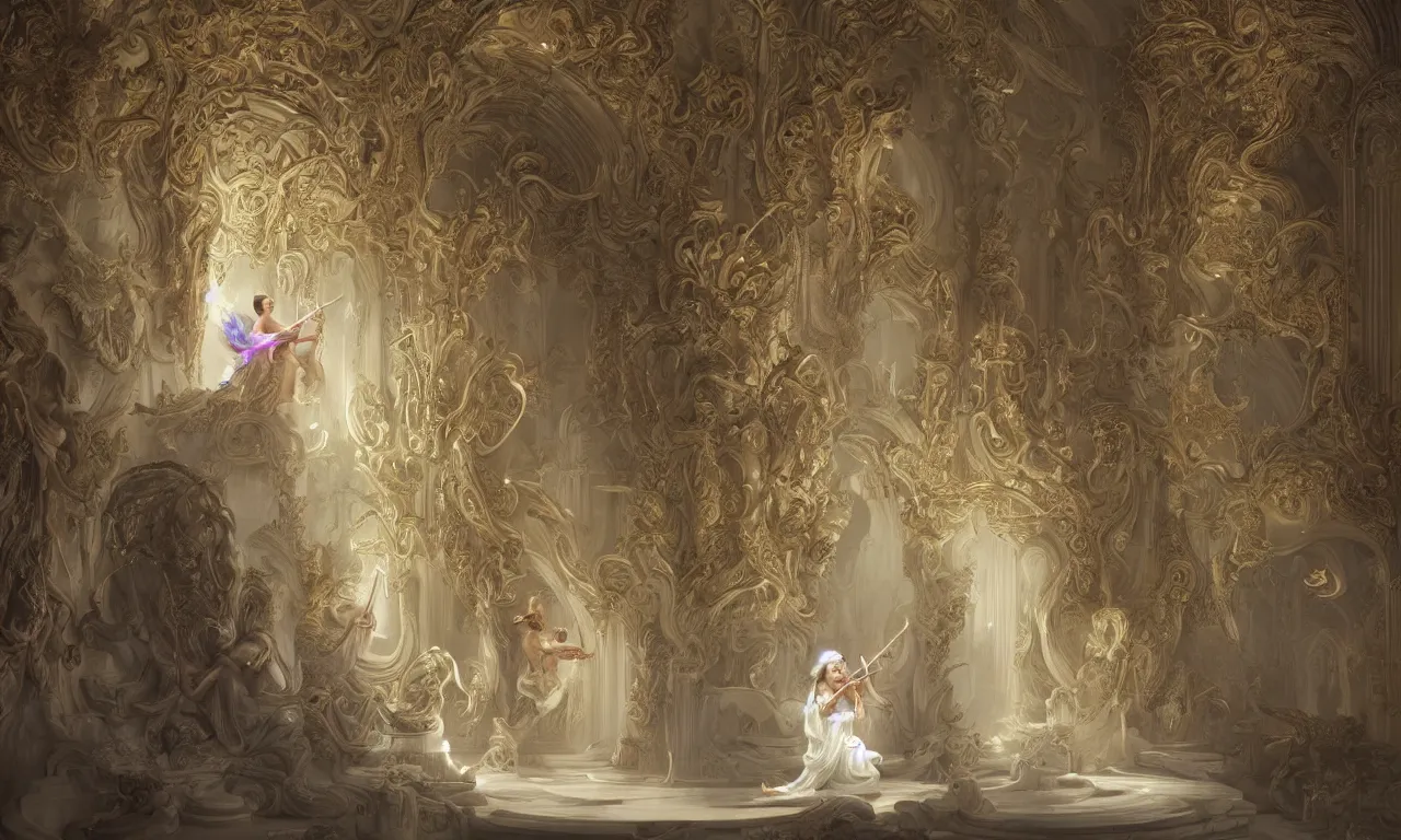 Prompt: a luminous fairytale of an iridescent dragon playing the harp in a baroque white marble cathedral. Neon light, masterpiece 4k digital illustration by Ruan Jia and Mandy Jurgens and Artgerm and william-adolphe bouguereau, award winning, Artstation, Gustave Dore' background, intricate details, realistic, panoramic view, volumetric lighting, Hyperdetailed, 8k resolution, intricate art nouveau, rendered in Unreal Engine 3