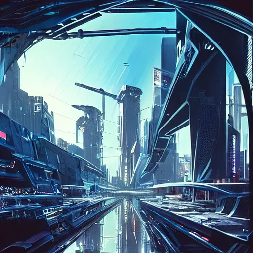 Image similar to busy cyberpunk futuristic cityscape located under a bridgeway, world seen only through a portal, daylight, cinematic perspective, cinematic lighting, blue sky, syd mead, john harris, symmetrical