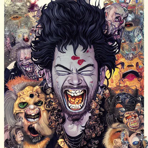 Prompt: portrait of crazy post malone, screaming, tongue out, symmetrical, by yoichi hatakenaka, masamune shirow, josan gonzales and dan mumford, ayami kojima, takato yamamoto, barclay shaw, karol bak, yukito kishiro