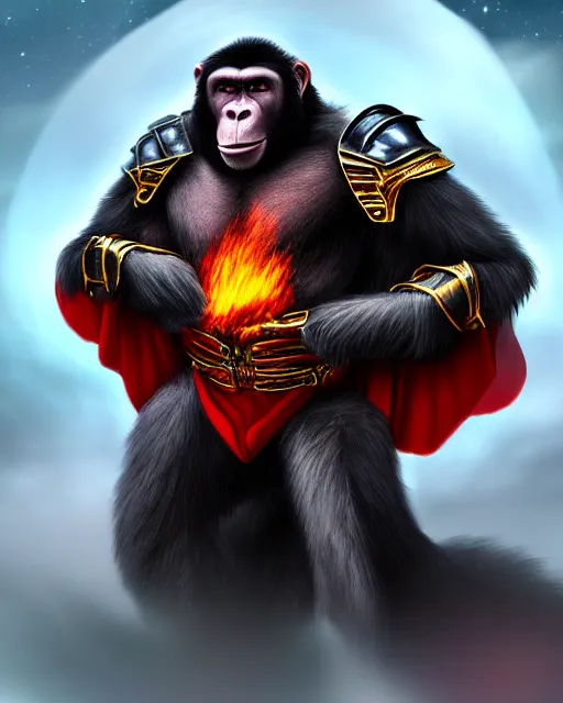 Image similar to fury art, an anthro ape wearing a large cape and a fantasy armor, fire, ice, fiery background, 3 d, 8 k, extremely detailed, trending on furaffinity, trending on artstation, award winning, sharp focus, illustration