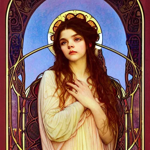 Image similar to detailed portrait art nouveau painting of the goddess of the sun who resembles Anya Taylor Joy, Chloe Grace Moretz, and Emma Watson in a art nouveau cathedral by Alphonse Mucha, Michael Whelan, William Adolphe Bouguereau, John Williams Waterhouse,