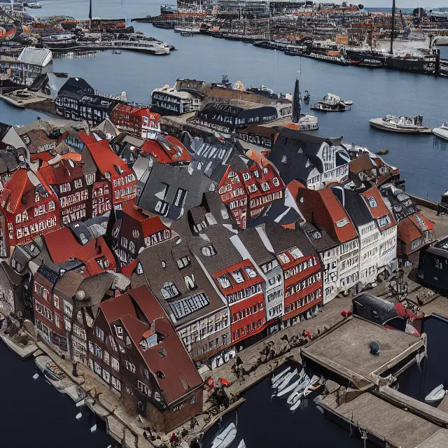 Image similar to copenhagen denmark with new england colonial buildings on a harbor, cinematic, volumetric, realistic, cinematic lighting, ray tracing, unreal engine 5, octane render, hyper realistic, photo, 8 k