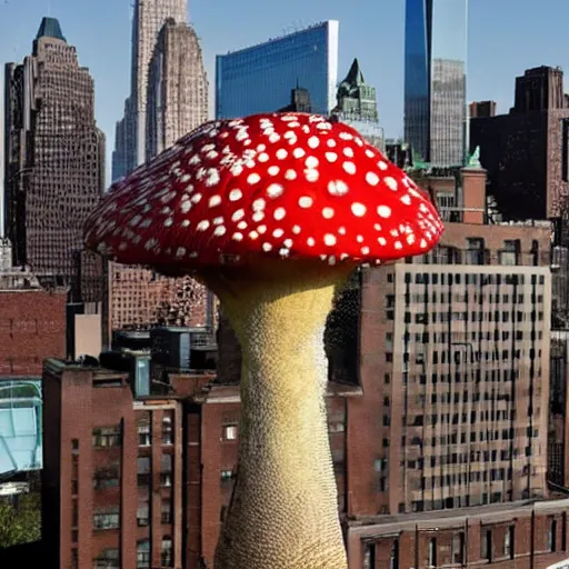 Prompt: a building shaped like an amanita muscaria in the New York skyline