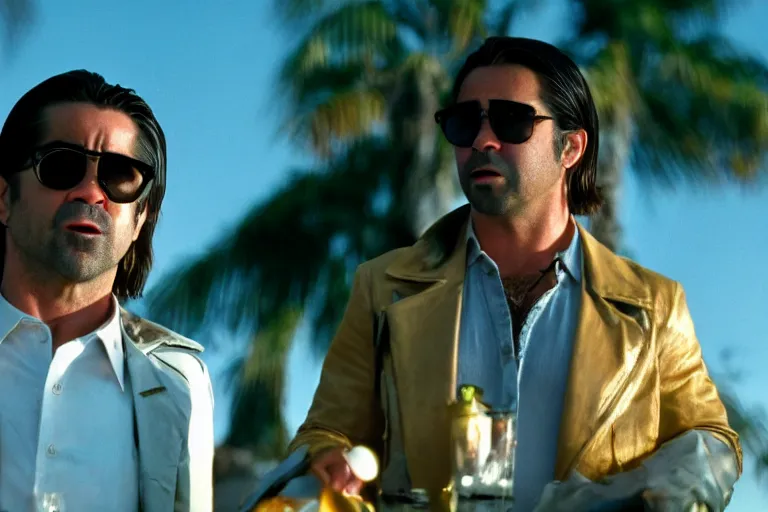 Image similar to cinematic still of colin farrell as raoul duke and javier bardem as dr gonzo in