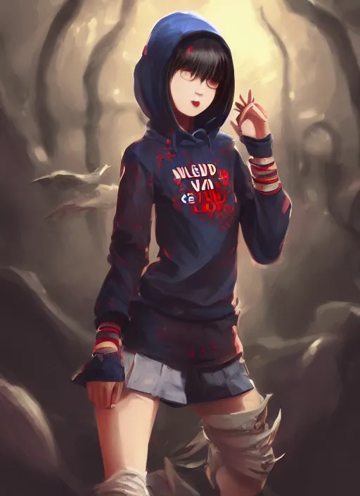 Image similar to a highly detailed illustration of black short hair cute japanese girl wearing blood stained navy hoodie with the word nevada on it, dramatic smile pose, intricate, elegant, highly detailed, centered, digital painting, artstation, concept art, smooth, sharp focus, league of legends concept art, WLOP