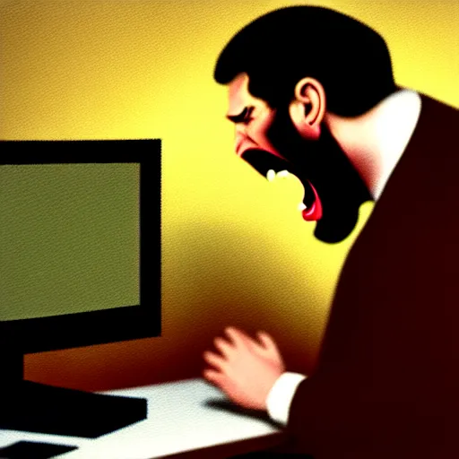 Image similar to an angry man yells at his computer monitor, oil on canvas, 1 8 8 3, highly detailed