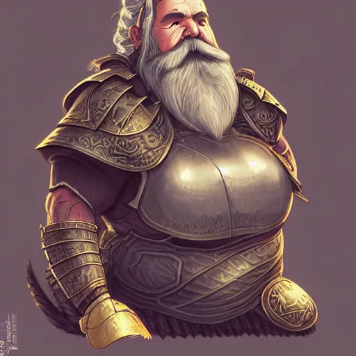 Image similar to elderly female feminine bearded dwarven heavyset fighter with curly long grey hairstyle, her full beard is long and plaited style, she has wrinkled skin and is wearing full black platemail armor with intricate slight gold trim by rossdraws