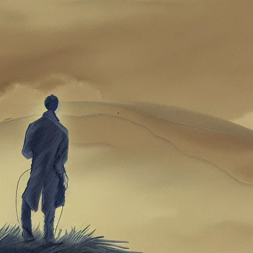 Prompt: a regretful man on a hill and storm is coming, digital painting, futured, ultra detailed