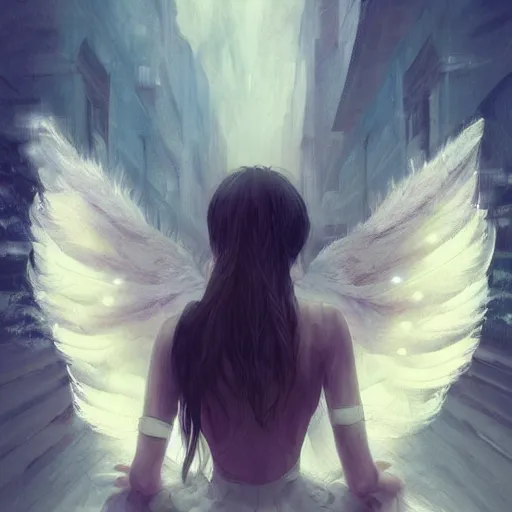 Image similar to a painting of a woman sitting on a ledge with wings, concept art by shingei, cgsociety contest winner, fantasy art, reimagined by industrial light and magic, angelic photograph, made of feathers