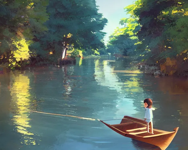 Image similar to one single short small wooden boat in a very narrow narrow river river, trees, shady, ripples, reflections. A boy and a girl are sitting together in the boat. Romantic. Girl has long flowing auburn hair, boy has short hair. By Makoto Shinkai, Stanley Artgerm Lau, WLOP, Rossdraws, James Jean, Andrei Riabovitchev, Marc Simonetti, krenz cushart, Sakimichan, trending on ArtStation, digital art.