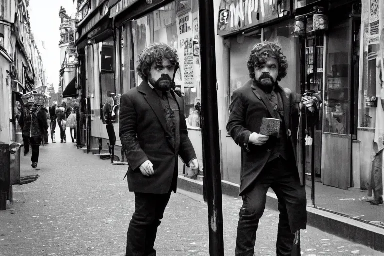 Image similar to peter dinklage on stilts walking in the hazzy streets of paris, in the style of eugene atget and peter witkin