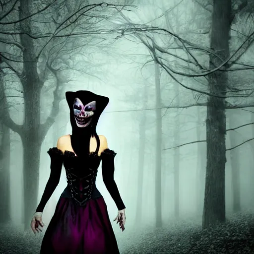 Image similar to american mcgee's vampire goth cyborg alice in lavender madness land sharp focus hyperrealistic cinematic forest of fog sharp portrait