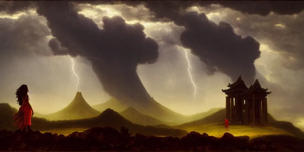 Image similar to a princess, shadow of the colossus, in front of a temple, at a volcano, storm clouds, dramatic lighting, hudson river school