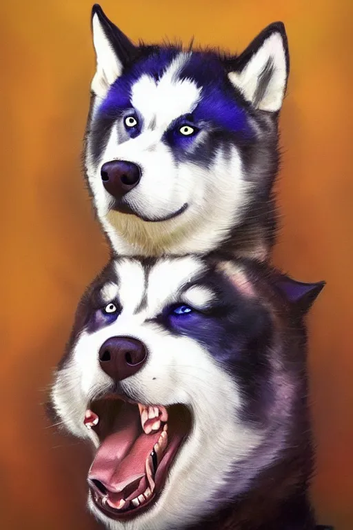 Image similar to a portrait painting of a husky in cowboy costume in the style of anime, western film, humanoid, personify, anthropomorphic, trending on artstation