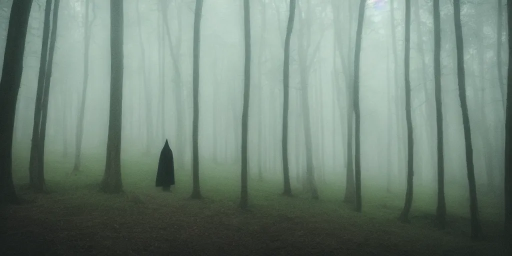 Image similar to a close shot of a grim reaper standing in a forest by studio ghibli, detailed, mythical, mist, depressing, tired, dark, lush, nature, mist, mystery, glows, somber, dismal, fog, heavy fog, dark lighting, glow, ambient light, cybernetic, sci-fi,