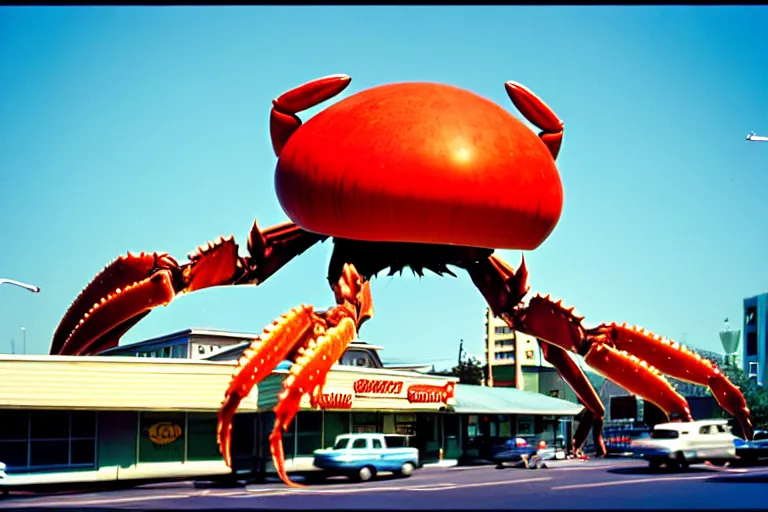 Image similar to 2 0 1 5 giant crab terrorizing a city, googie architecture, americana, fishcore, exterior photography, hd 8 k, photography cinestill