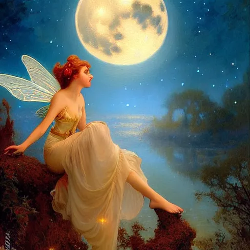 Image similar to attractive fairy magically floating high in the night, fantasy, full moon in background. highly detailed painting by gaston bussiere, craig mullins, j. c. leyendecker, sharp focus, 8 k