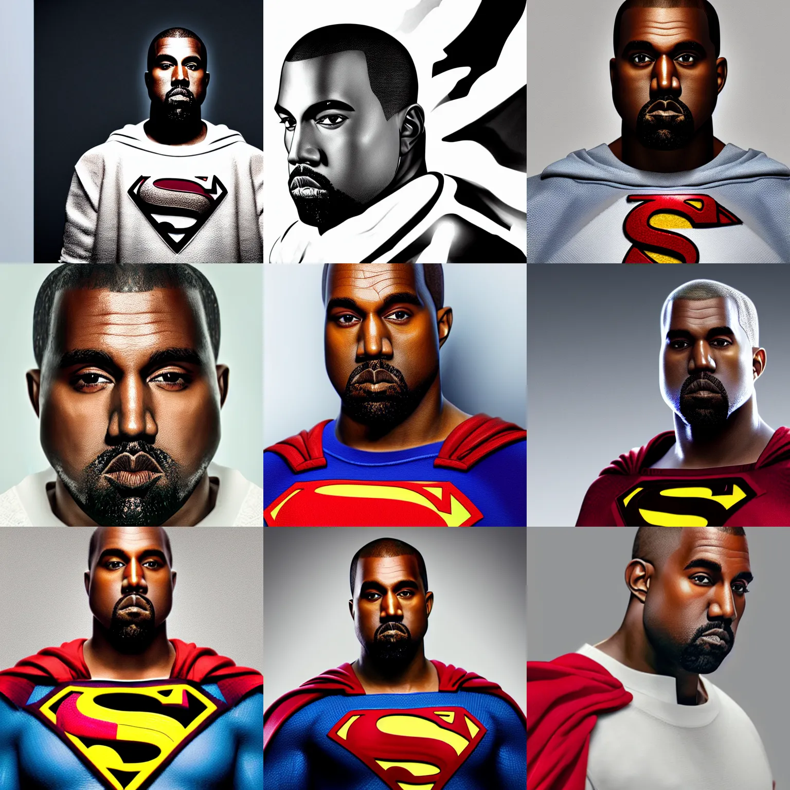 Prompt: portait photo of Kanye West as Superman, studio lighting, solid white background, hyperrealistic, 8k, artstation, professional photo.