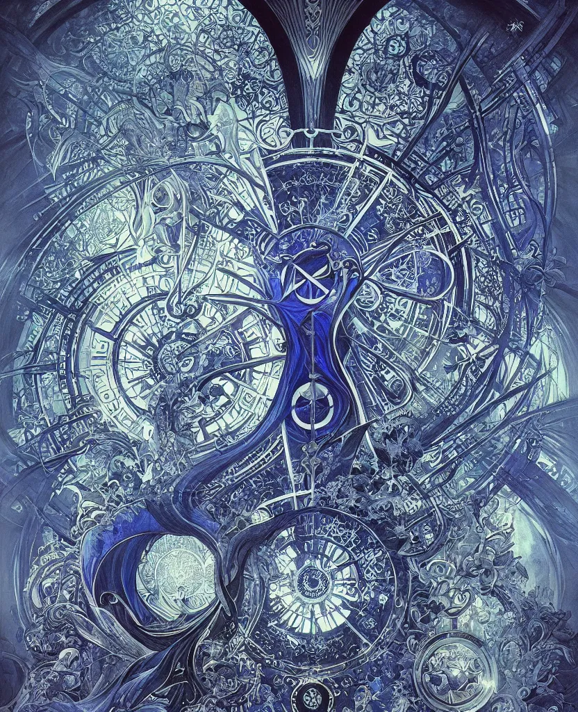 Image similar to illustration of mystical geometrical alchemical black gate covered in blue sacred symbols, deep focus, intricate, elegant, highly detailed, foggy, misterious, digital painting, artstation, concept art, matte, sharp focus, art by artgerm and ernst haeckel and alphonse mucha